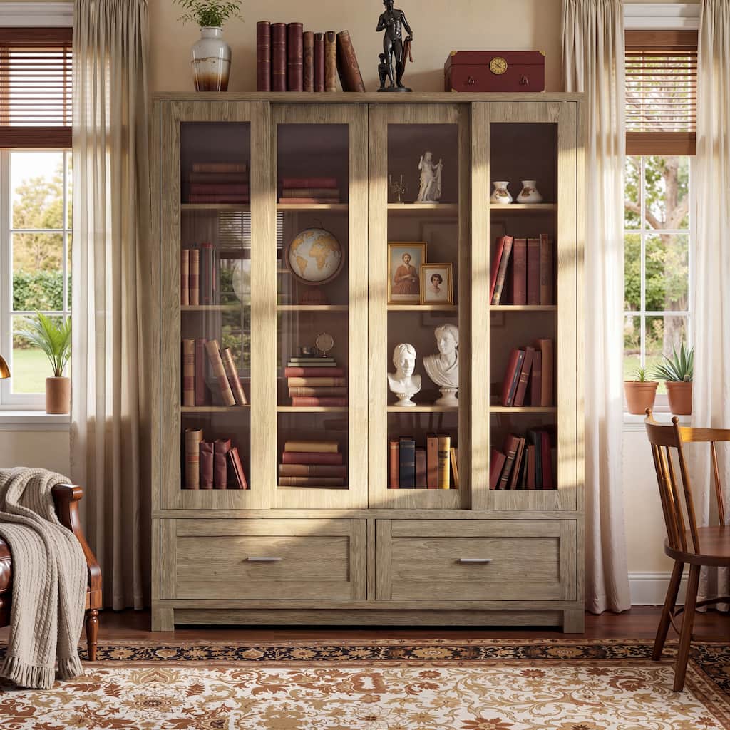 63" Glass Display Cabinet 4 Door China Cabinet Bookshelves Large Curio Cabinet