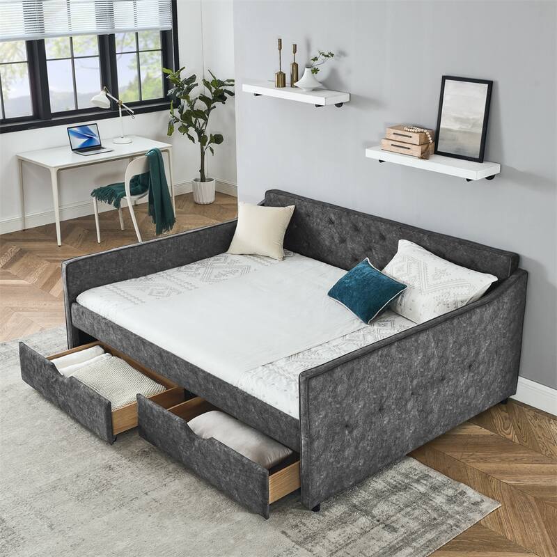 Queen Size Daybed with Drawers Upholstered Tufted Sofa Bed