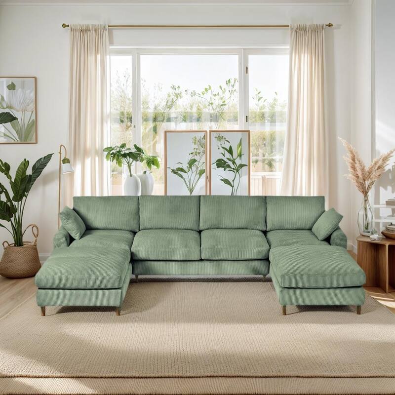 Anmytek 6-Seat Modular Corduroy Sectional Sofa Convertible U/L-Shaped with Pillow & Footstool - Green