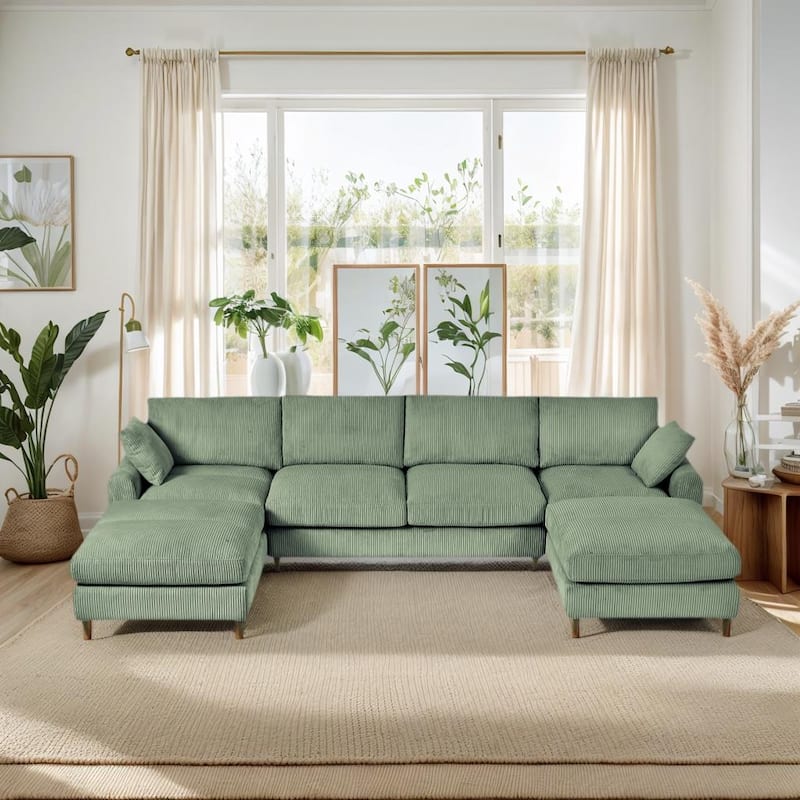 Roomfitters Modern Corduroy Modular Sectional Sofa, U-Shaped Convertible 6-Seat Sofa Set with Footstool and Pillows, Olive Green - Olive Green