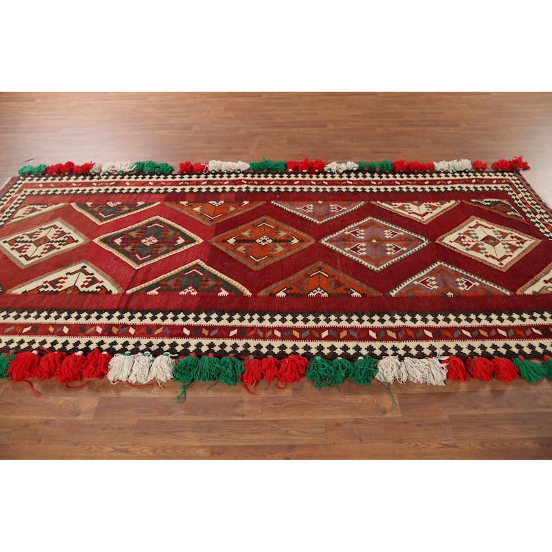 Kilim Qashqai Persian Vintage Runner Rug Hand-Woven Wool Carpet - 4'5"x 10'3"
