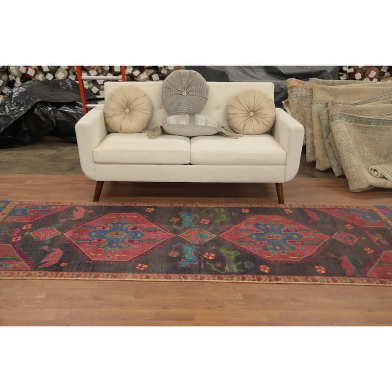 Hand Knotted Oriental 100% Wool Carpet Traditional Tribal Greys & Charcoal Ardebil Runner Rug - 10' 4'' X 3' 6''