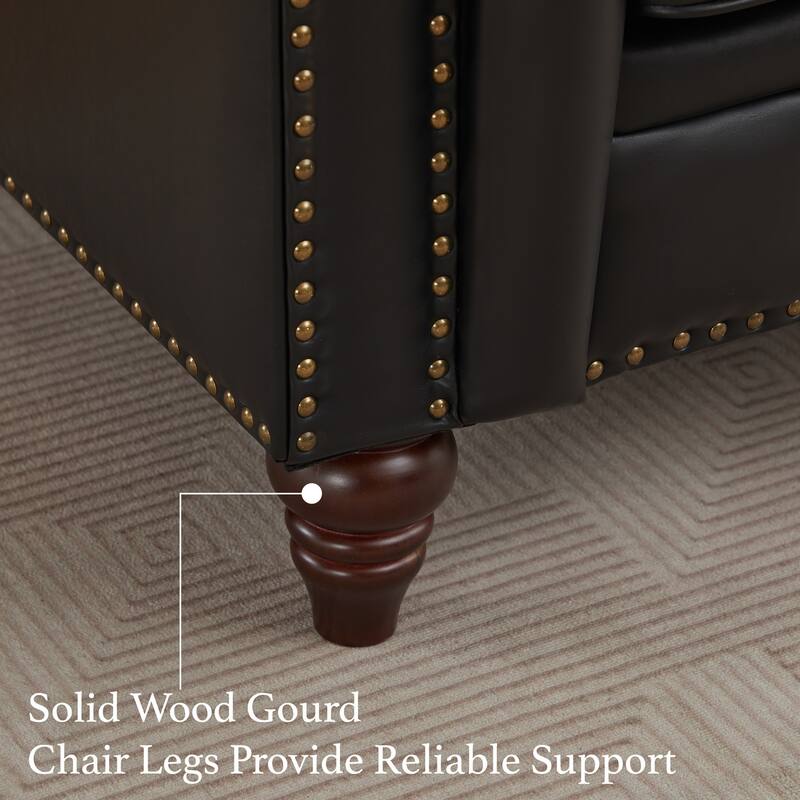 Vintage PU Button-Tufted Sofa Couch, Flared Arms, Rubberwood Legs & Nailhead Trim