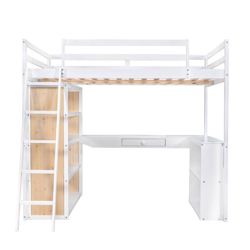 Wood Twin/Full Size Loft Bed with Built-in Desk and Shelves, Twin/Full Bedframe w/Full-Length Guardrails, for Kids Teens Adult