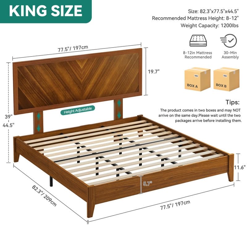 Moasis Farmhouse Rustic Brown Wood Bed Frame with Adjustable Headboard&Slats Support - King