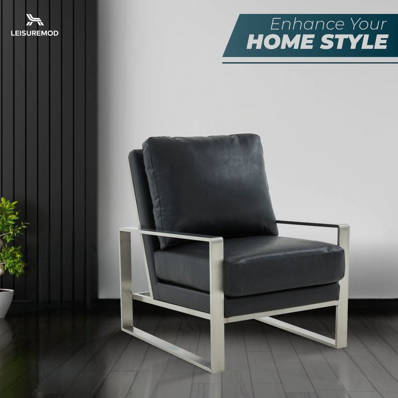 Jefferson Contemporary Leather Accent Armchair with Silver or Gold Frame, Removable Cushions, and Durable Spring-Supported Seat