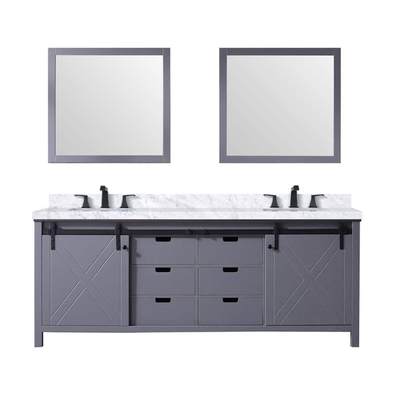 Marsyas 84 in W x 22 in D Dark Grey Double Bath Vanity, Carrara Marble Countertop, Faucet Set and 34 in Mirrors