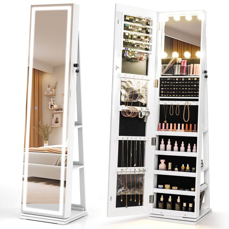 Costway 360° Swivel Jewelry Cabinet with Lighted Full Length Mirror & - See Details - White