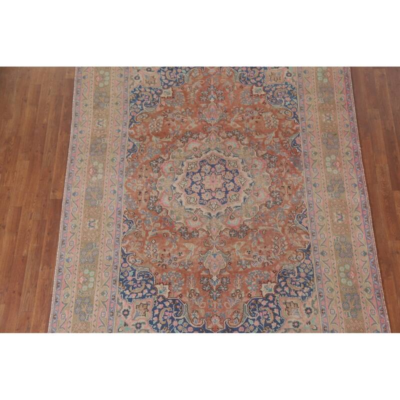 Hand Knotted Oriental 100% Wool Carpet Traditional Floral Oranges & Rust Mashad Area Rug - 9' 5'' X 6' 5''