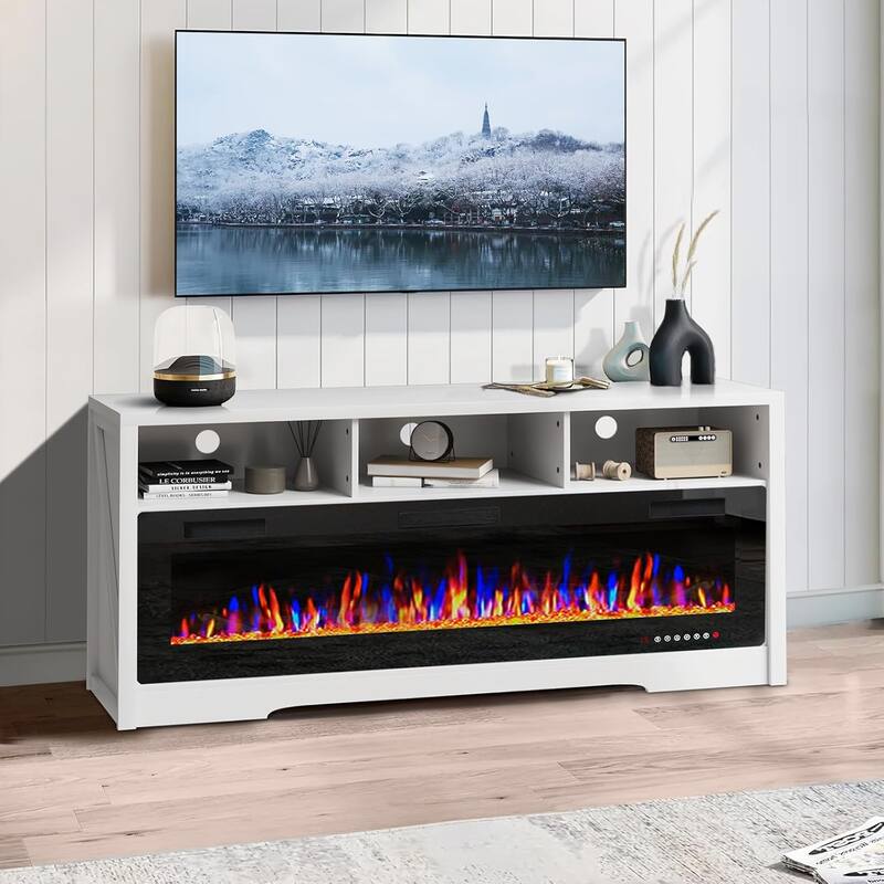 BOSSIN 65" Electric Fireplace TV Stand , Entertainment Center for TVs up to 75" with Open Shelves Storage for Living Room