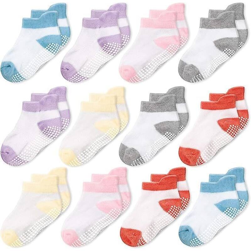 CozyWay Ankle Grip Socks Girls White/Multicolor - 12 pair, 1-3 Years