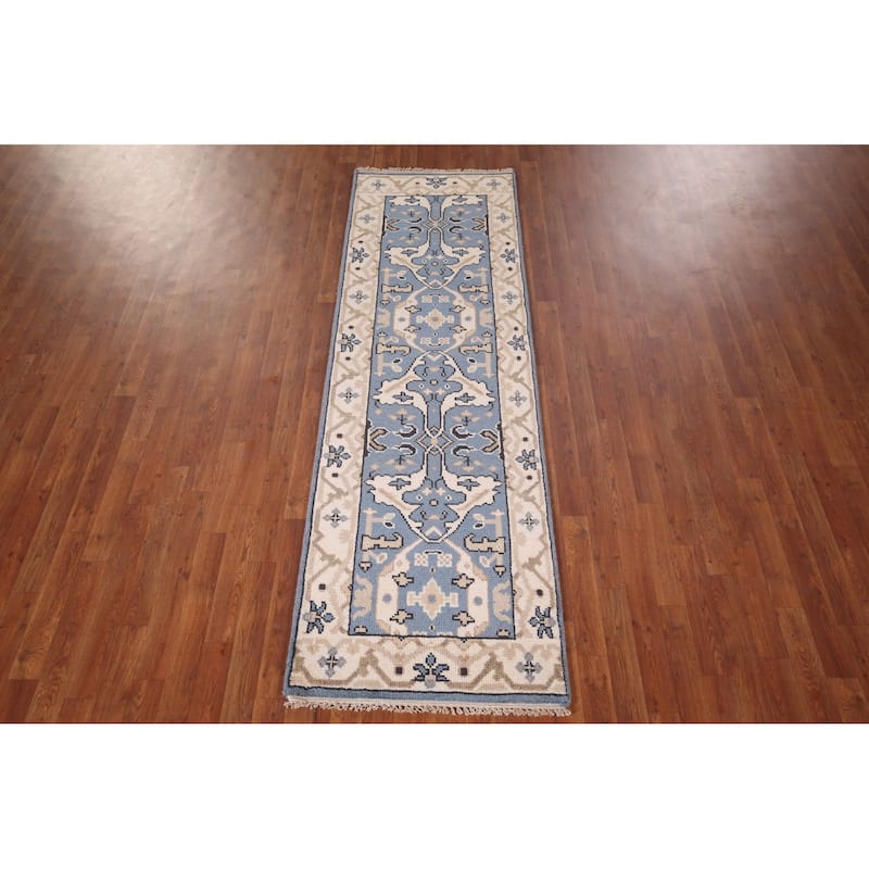 Blue Oushak Indian Runner Rug Hand-Knotted Wool Carpet - 2'6"x 8'1"