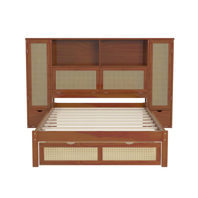 Twin Platform Bed with Rattan Accents, Built-In Headboard Shelf, Drawer, and 2 Storage Cabinets, Wooden Frame