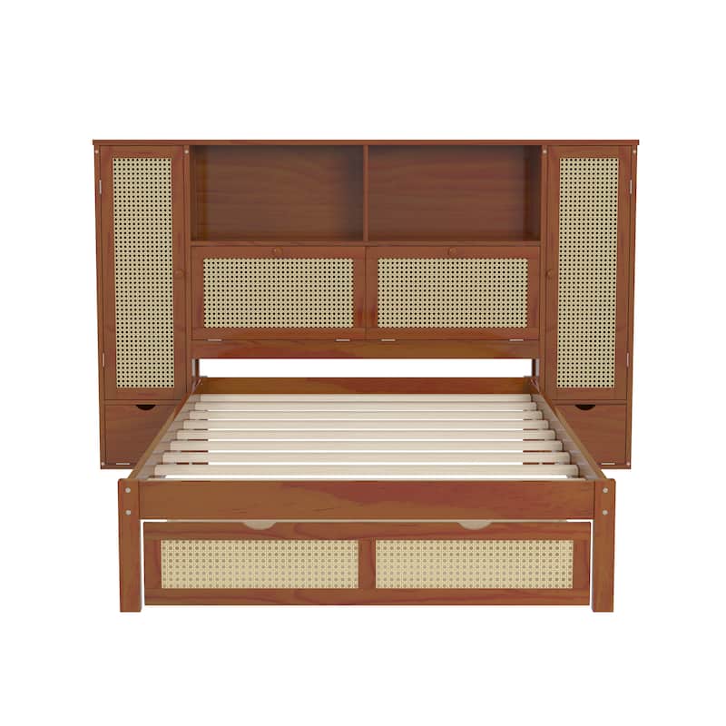 Twin Size Wooden Bed w/ 2 Storage Lockers, Drawer & Storage Shelf on Headboard, Multifunctional Platform Bed, Walnut