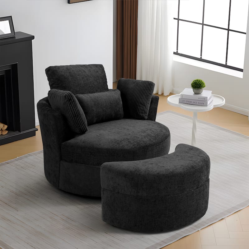 Chenille Swivel Accent Chair with Ottoman - Black