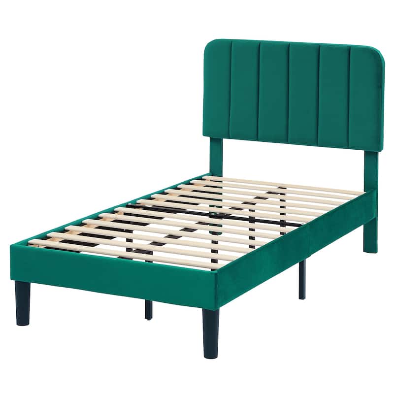 VECELO Velvet Upholstered Bed Frame with Vertical Channel Tufted Headboard, Adjustable Headboard, Wooden Slats Support