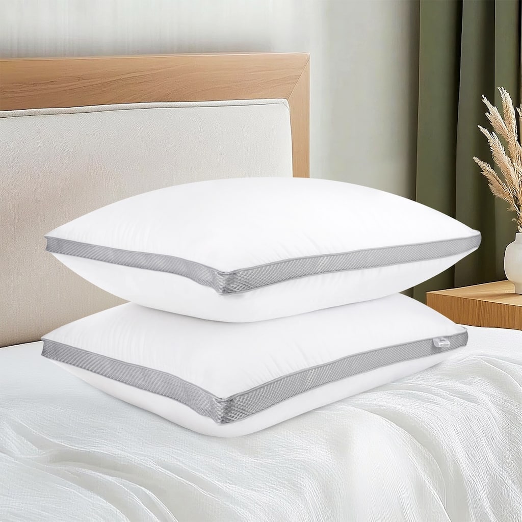 Cotton Gusseted Pillows, Down Alternative Bed Pillows for Side&Back Sleepers, Set of 2