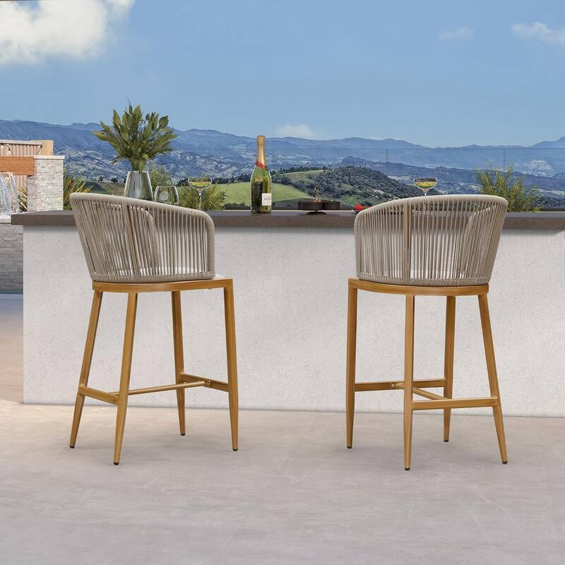 PURPLE LEAF Outdoor Bar Stools Chair Set of 2, All Weather Rattan and Aluminum Patio Bar Stool with Cushion - Brown-counter stool
