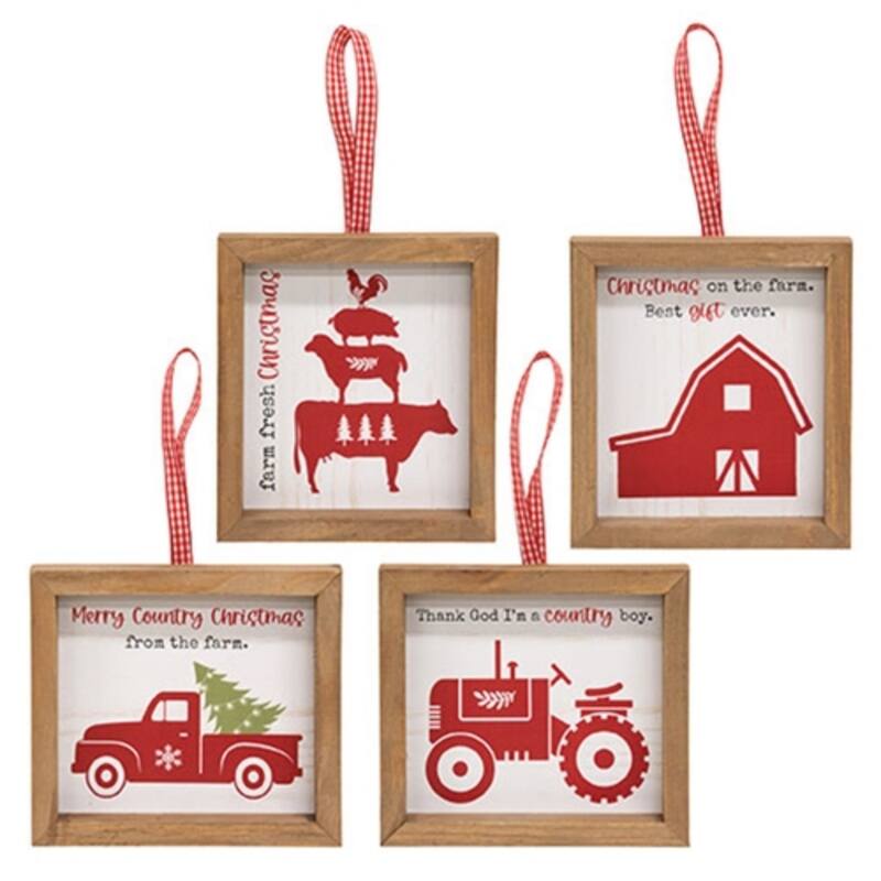 Charming Farm-Inspired Wooden Ornaments Rustic Christmas Tree Hanging Decor 4 Assorted Designs - 5.75" H x 3.25" W x .75" D