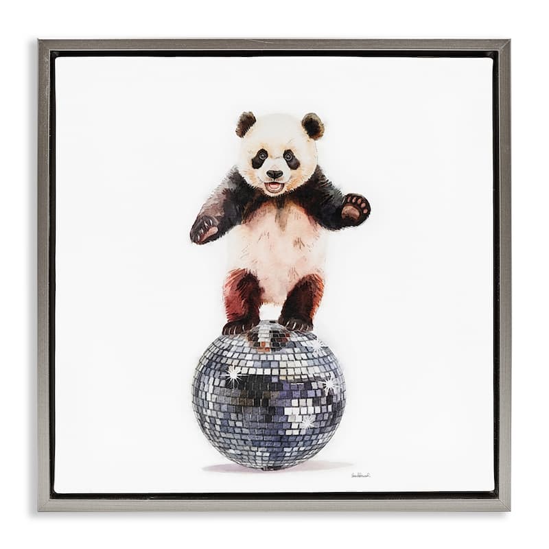 Stupell Panda Balancing on Disco Ball Framed Floater Canvas Wall Art Design By Amanda Greenwood - 25 x 25 - Grey