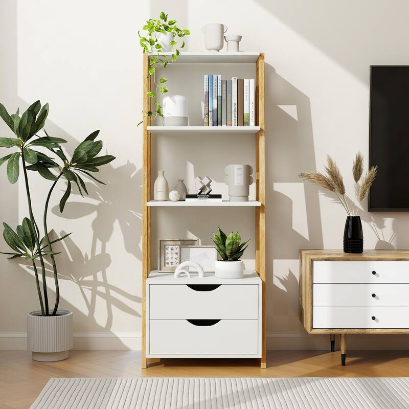 Space-Saving 4-Tier Ladder Shelf Organizer with Dual Drawers - 20.5" x 15.6" x 52.44" (L x W x H)