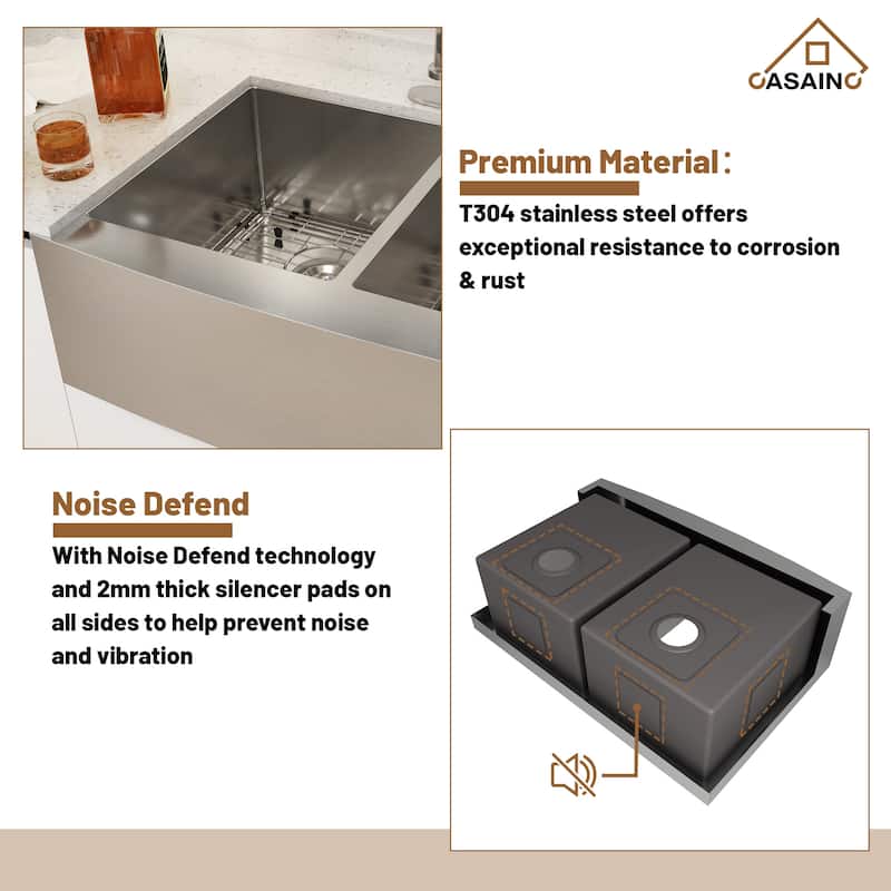 33 in. Farmhouse/Apron-Front Double Bowl 18 Gauge Brushed Stainless Steel Kitchen Sink with Bottom Grid and Strainer