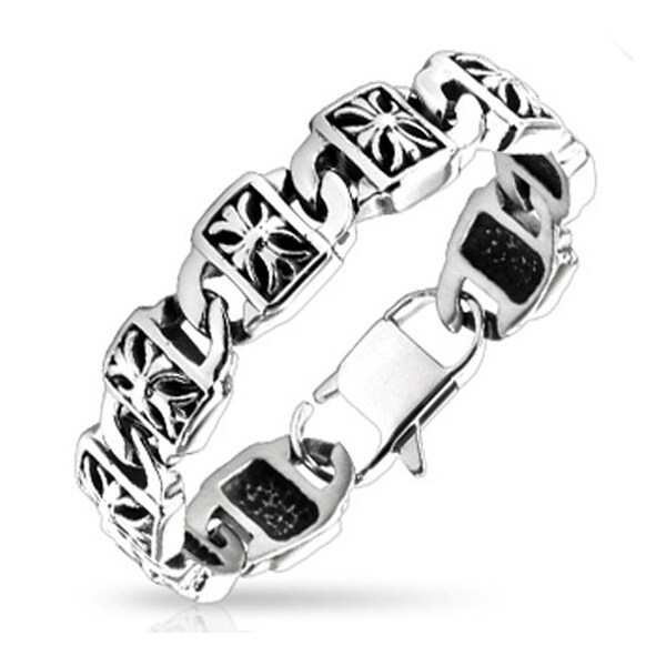 Stainless Steel Decorative Cross Engraved Plate Chain Bracelet (17 mm) - 8.5 in