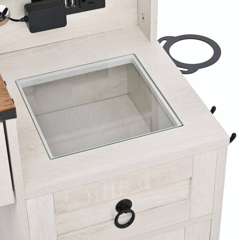Farmhouse Vanity Desk with Sliding Mirror & Lights, Glass Top Vanity Set