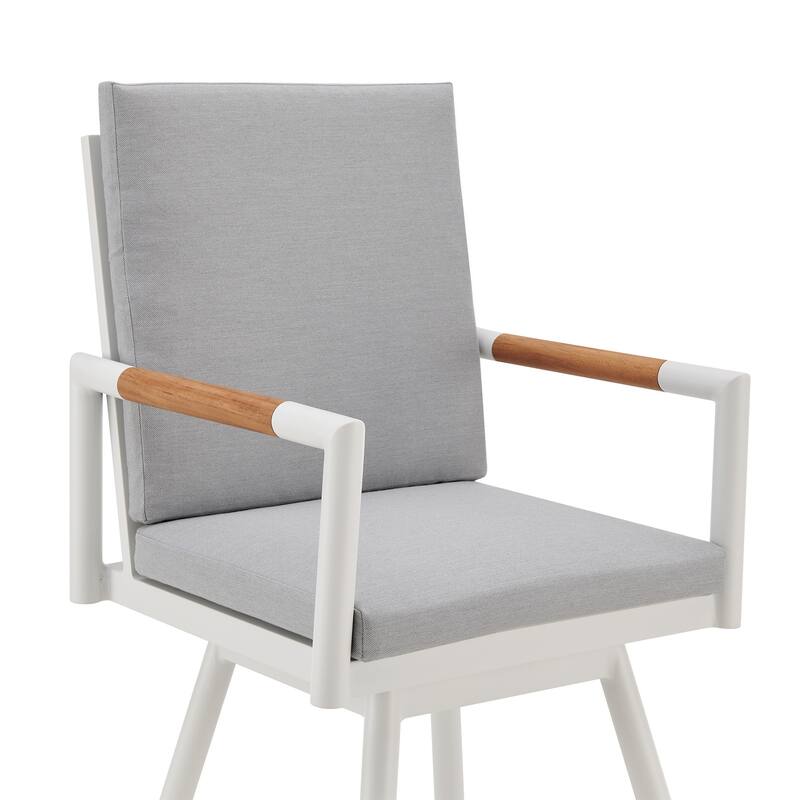 Razi 30 Inch Outdoor Swivel Barstool Chair, White Aluminum, Gray Cushions