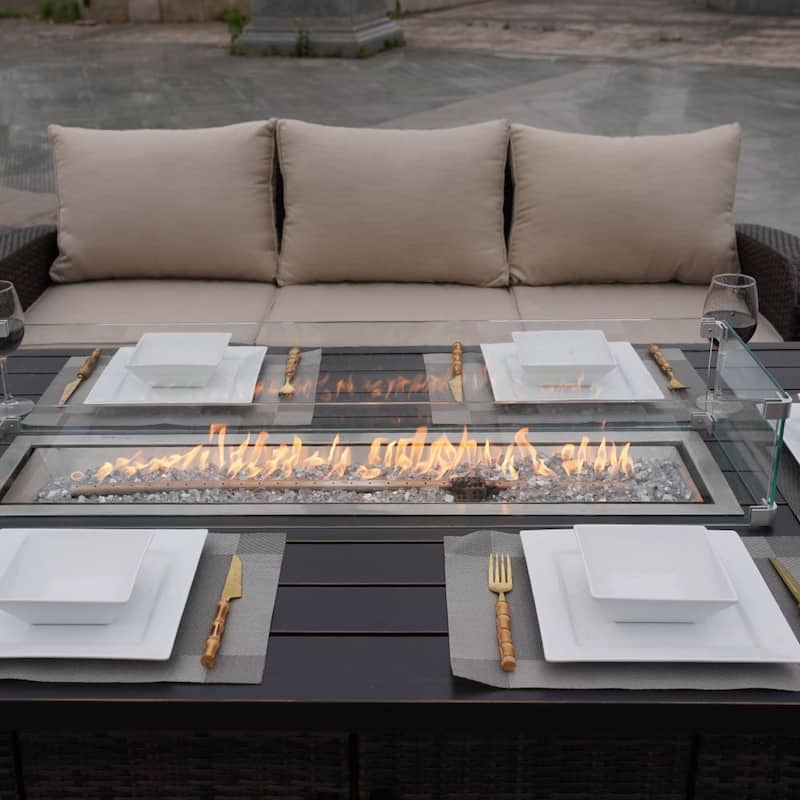 5-Piece Outdoor Wicker Sofa Set with Aluminum Firepit Table