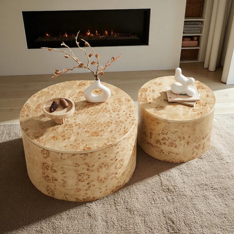 Nested Round Coffee Table Set, 2-Piece Burl Wood Veneer Storage Tables with Adjustable Feet, Modern MDF - Brown