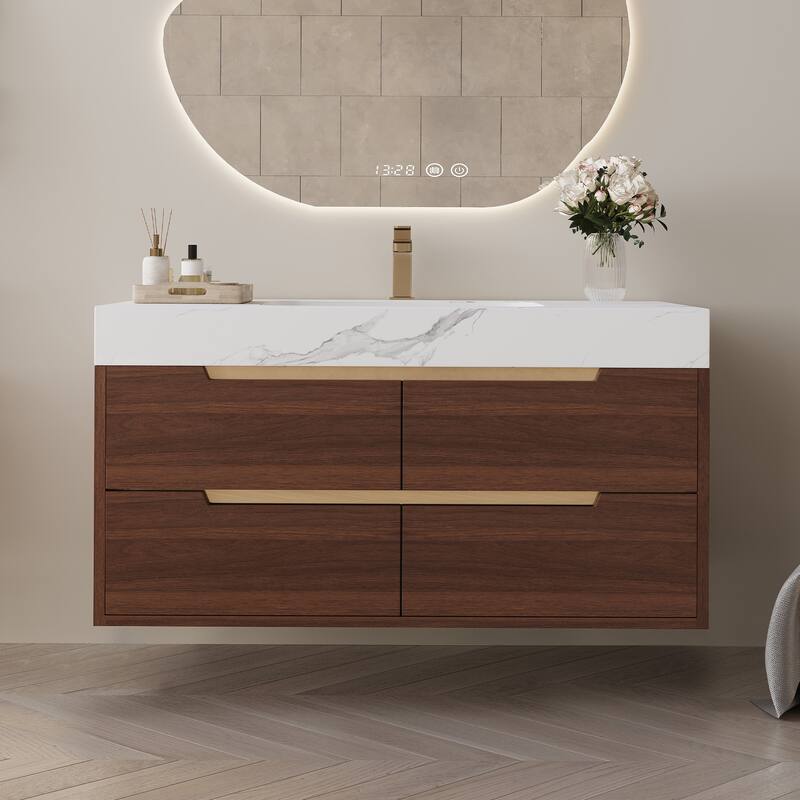 Freestanding/Wall-Mounted Bathroom Vanity with Sink, 4 Storage Drawers, Waterproof Solid Wood Frame and Detachable Iron Legs - Walnut