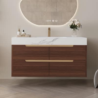 Freestanding/Wall-Mounted Bathroom Vanity with Sink, 4 Storage Drawers, Waterproof Solid Wood Frame and Detachable Iron Legs