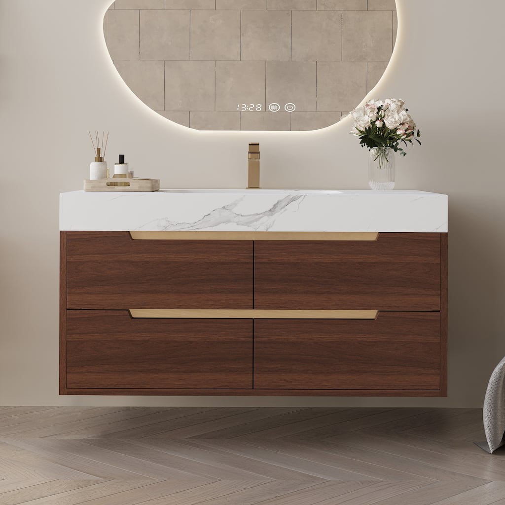 Freestanding/Wall-Mounted Bathroom Vanity with Sink, 4 Storage Drawers, Waterproof Solid Wood Frame and Detachable Iron Legs
