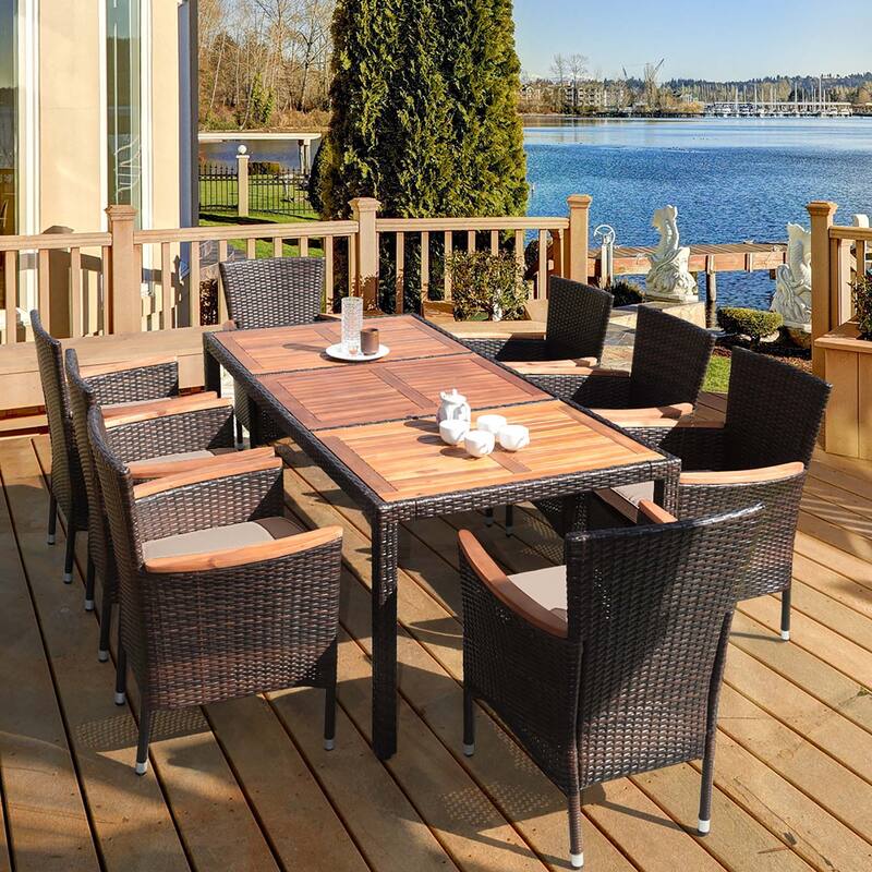 9PCS Patio Rattan Dining Set 8 Chairs Cushioned Acacia Table Top - 9-Piece Sets