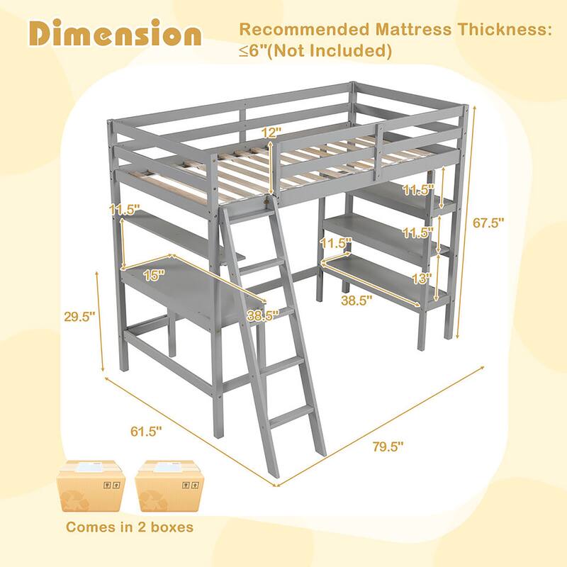Gymax Twin Size Solid Wood Loft Bed w/ Desk & Bookshelves Ladder &