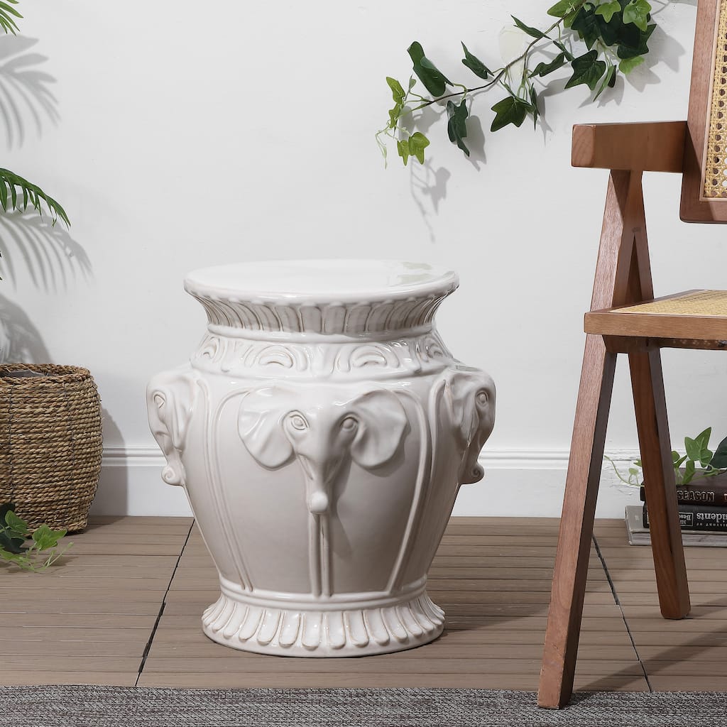 Anita 18" Classic Vintage Ceramic Indoor/Outdoor 4-Elephant Garden Stool, By
