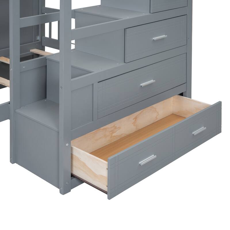 Full Over Twin Bunk Bed with Wardrobe and Drawers in Gray