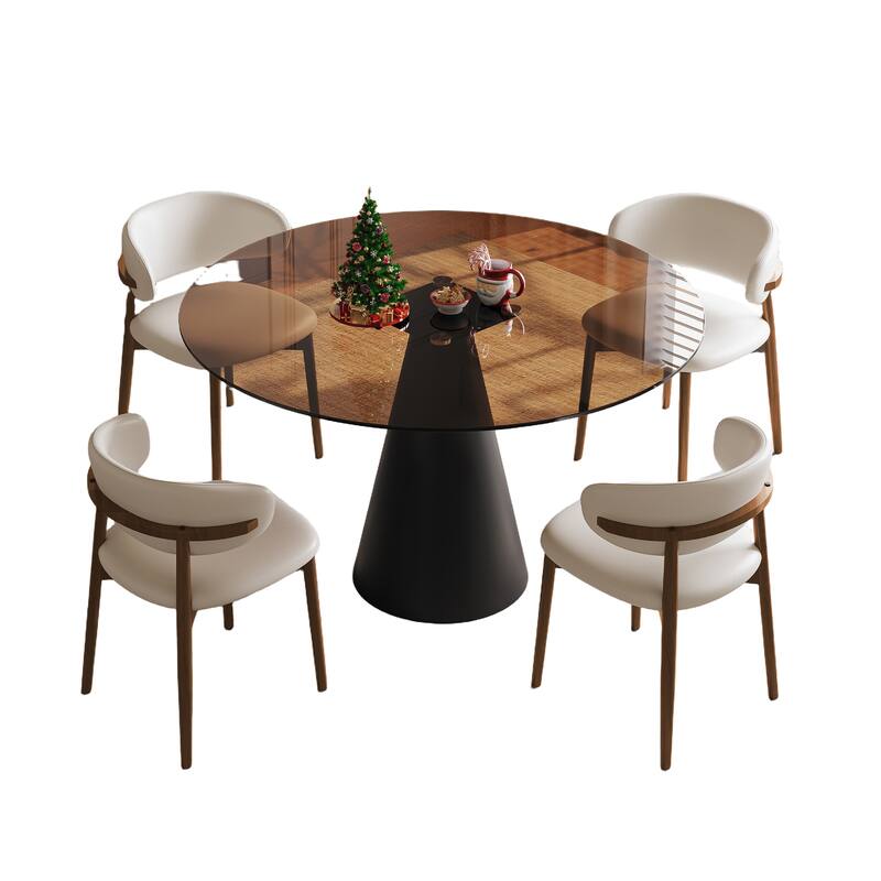 5 Piece Dining Set Round Glass Top Table Carbon Steel Base 4 Chairs for Small Spaces