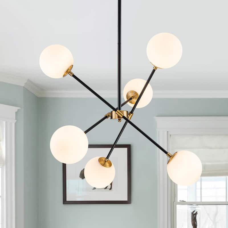 Mid-Century Adjustable Arm White Glass Globe Sputnik Chandelier