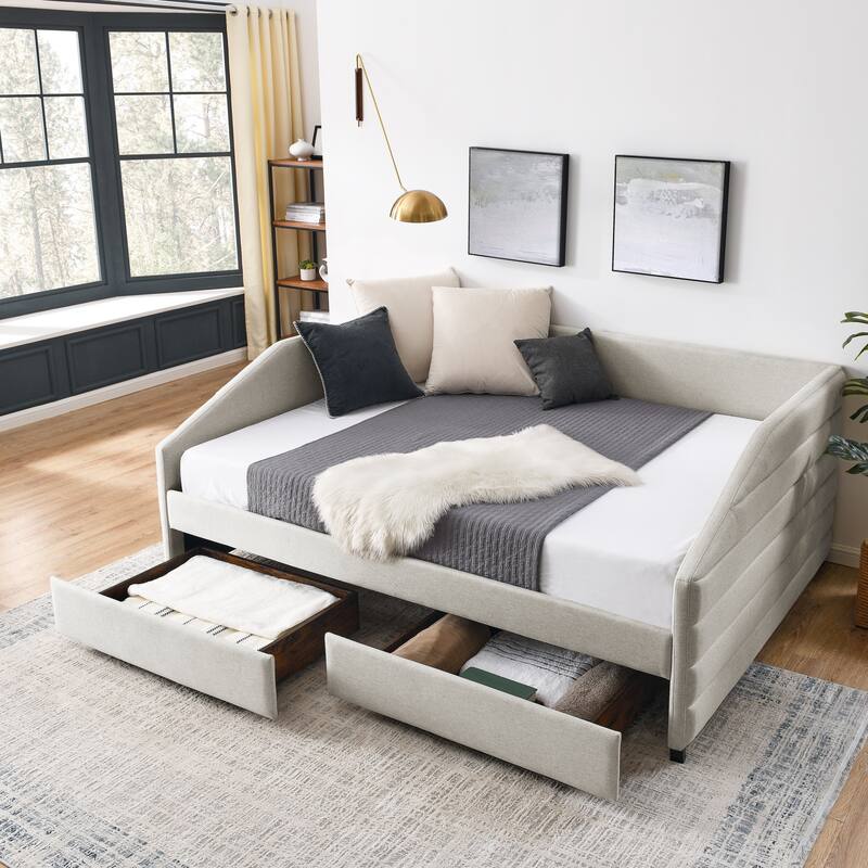 Linen Fabric Upholstered Daybed with Pull-Out Trundle or Storage Drawers, Tufted Sofa Bed Frame with Wood Slat Support - Beige with Drawers - Queen