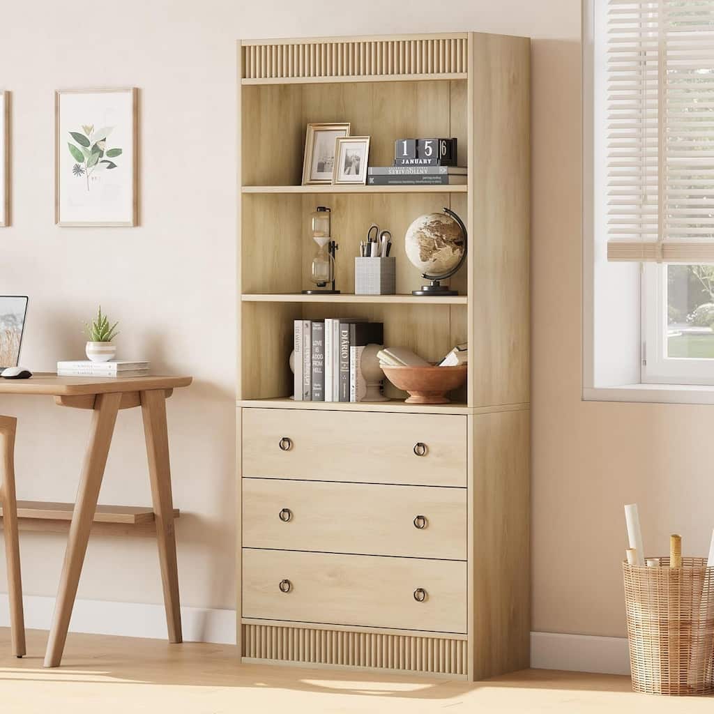 70.8 Inch 6 Tier Fluted Bookshelf Storage Drawers Bookcase for Living Room, Office, Bedroom