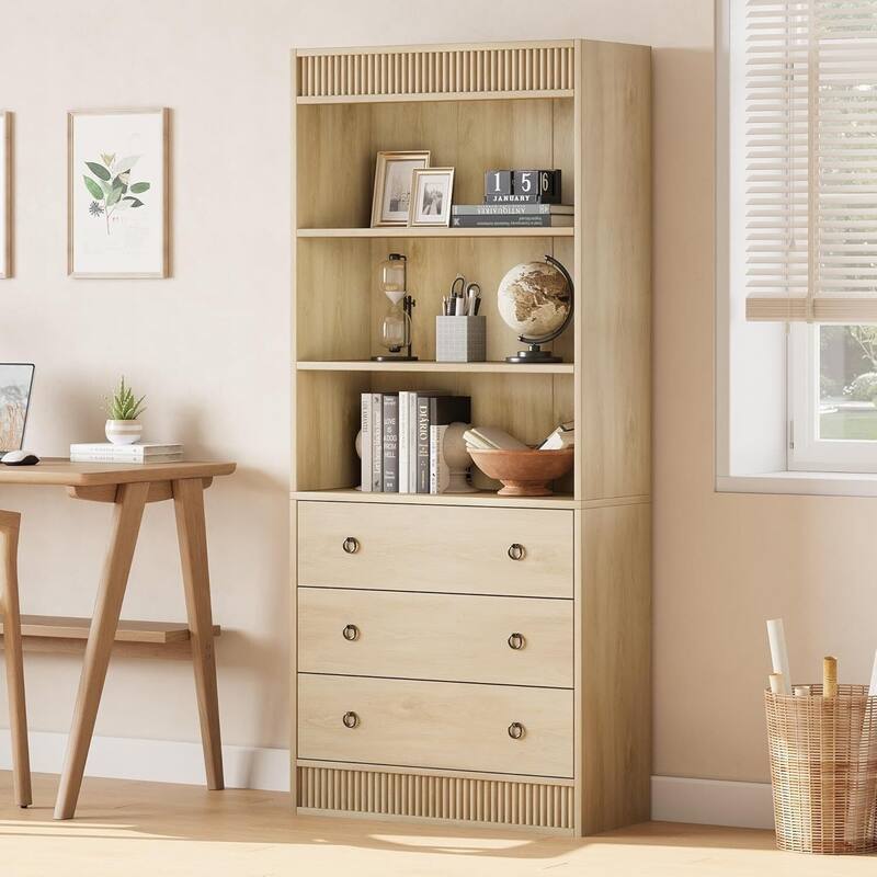 70.8 Inch 6 Tier Fluted Bookshelf Storage Drawers Bookcase for Living Room, Office, Bedroom - Beige