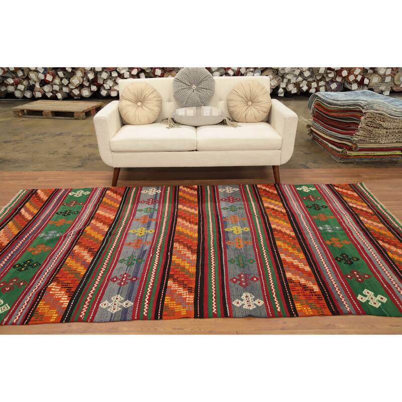 Hand Woven Oriental 100% Wool Carpet Southwestern Tribal Multi-Colored Kilim Area Rug - 9' 5'' X 5' 2''