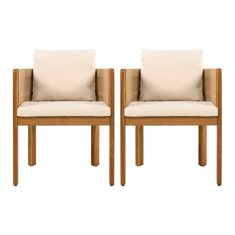 Set of 2 Outdoor Acacia Wood and Rope Dining Chairs with Cushions