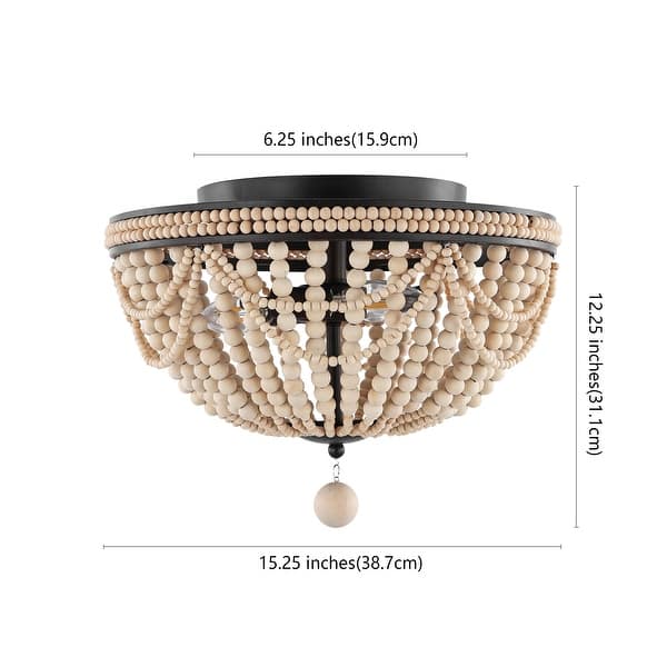 dimension image slide 1 of 2, Elroy Wood Bead 15.25" 3-Light Bohemian Farmhouse Iron LED Semi Flush Mount, Oil Rubbed Bronze/Light Taupe by JONATHAN Y