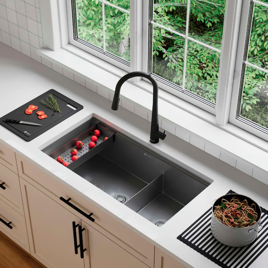 STYLISH 36 inch Stainless Steel 16G 60/40 Double Bowl Workstation Sink Dura-Tek