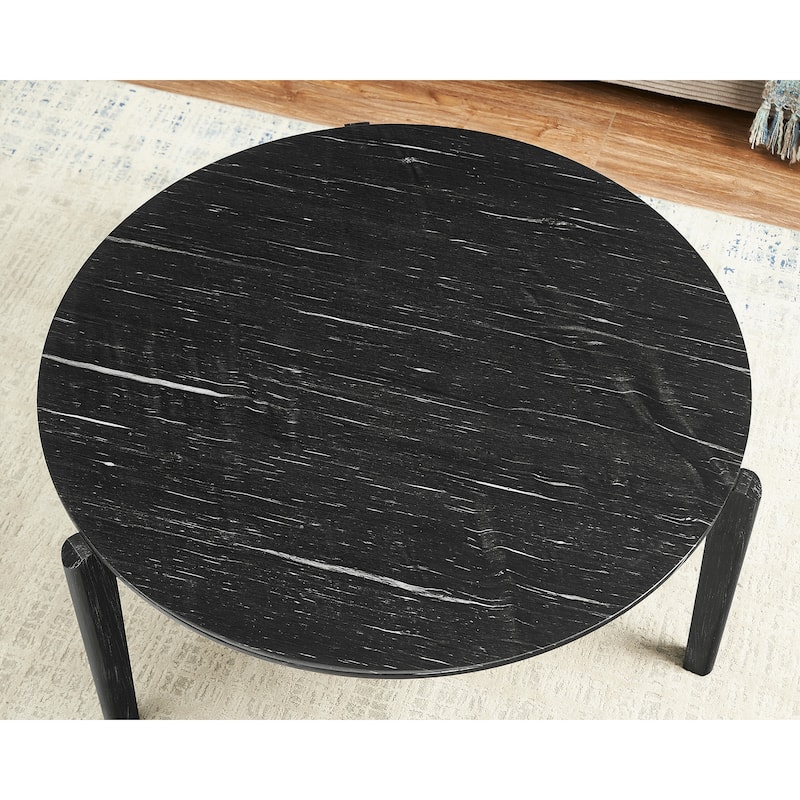 Living Room Coffee Table,36 Inch Round Small Coffee Table,Imitation Marble Tabletop With Rubber Wood Legs,Wooden Coffee Table