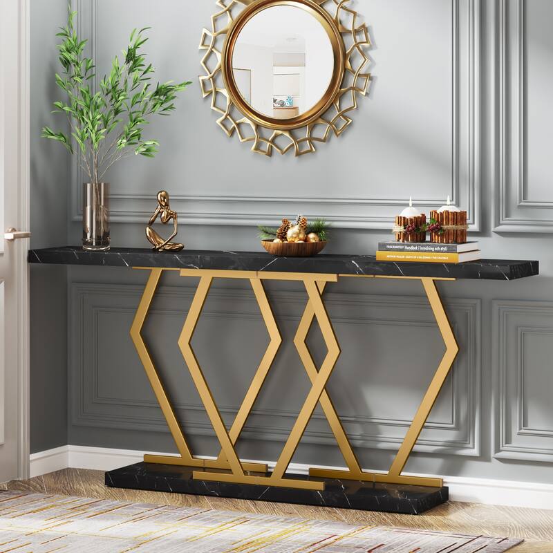 70.9 Inch Extra Long Sofa Table White and Gold Faux Marble Tabletop - Black+Gold