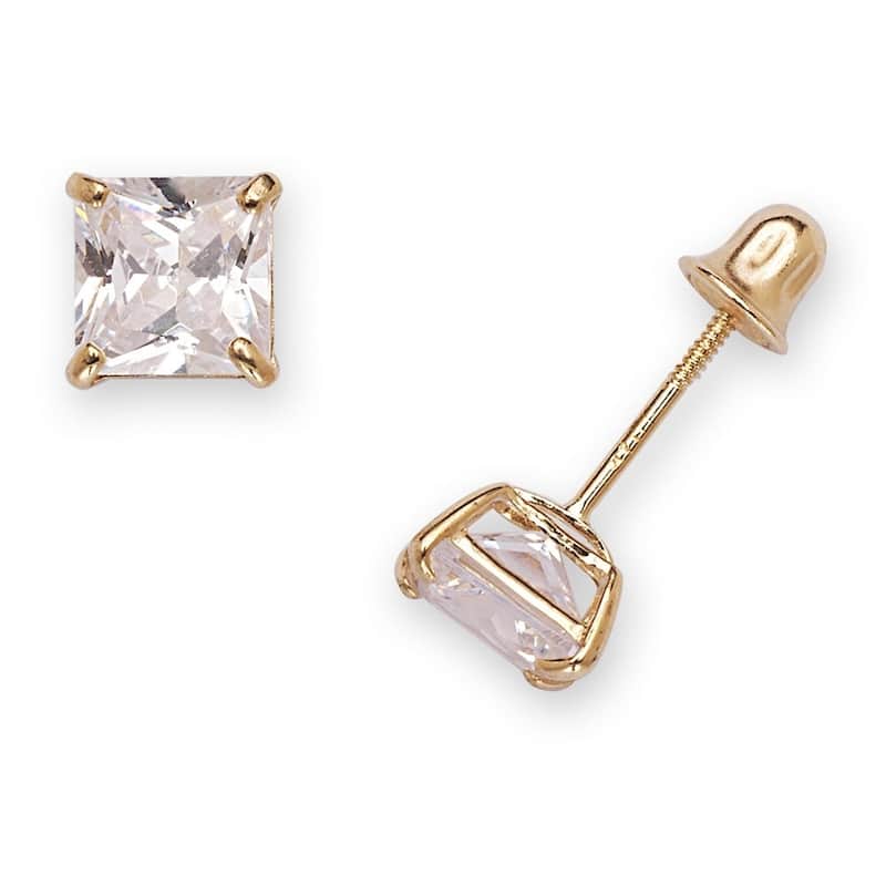 Curata 14k Gold 5mm Princess Cut Cubic Zirconia Basket-set Screw Back Earrings